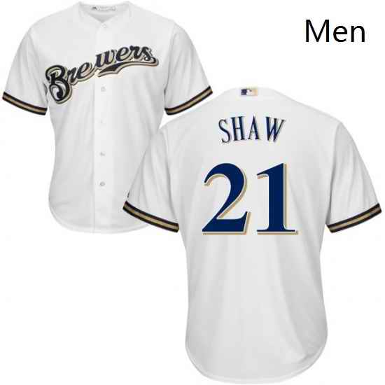 Mens Majestic Milwaukee Brewers 21 Travis Shaw Replica White Home Cool Base MLB Jersey